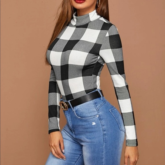 Tops - High Neck Buffalo Plaid Long Sleeve